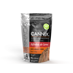 Embalagem Cannix Beef Jerky 80 g com língua bovina desidratada em tiras, petisco natural para cães.