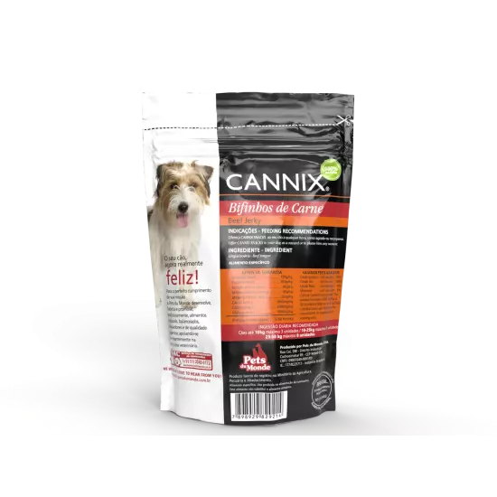 Embalagem Cannix Beef Jerky 80 g com língua bovina desidratada em tiras, petisco natural para cães, verso.