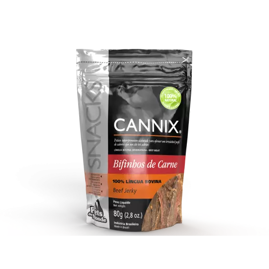 Embalagem Cannix Beef Jerky 80 g com língua bovina desidratada em tiras, petisco natural para cães.