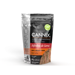 Embalagem Cannix Beef Jerky 80 g com língua bovina desidratada em tiras, petisco natural para cães.
